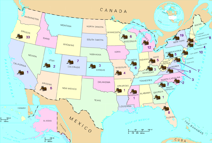 Locations of registered degus in the USA